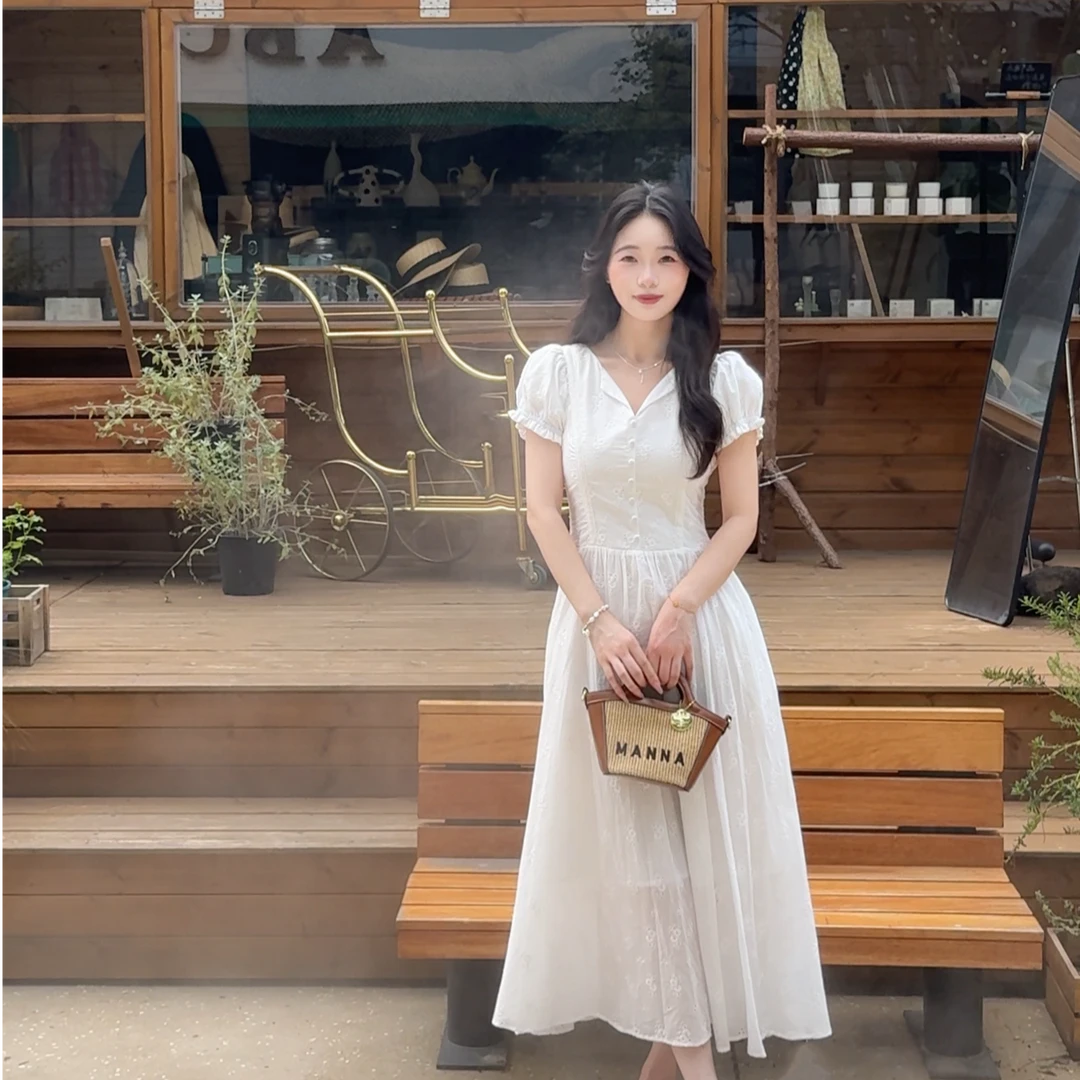 【白色恋人】V领法式文艺花边白色连衣裙复古  ZE255056
