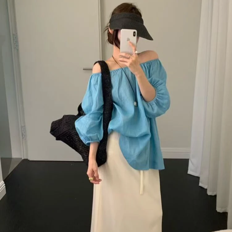 【告白气球】丽丽推荐韩系夏季七分袖衬衫微透   两穿型/可一字肩