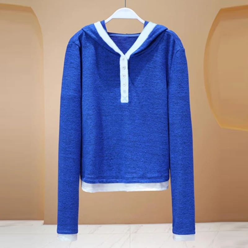 假两件连帽拼色打底衫女2025春秋新款休闲简约小众百搭连帽卫衣