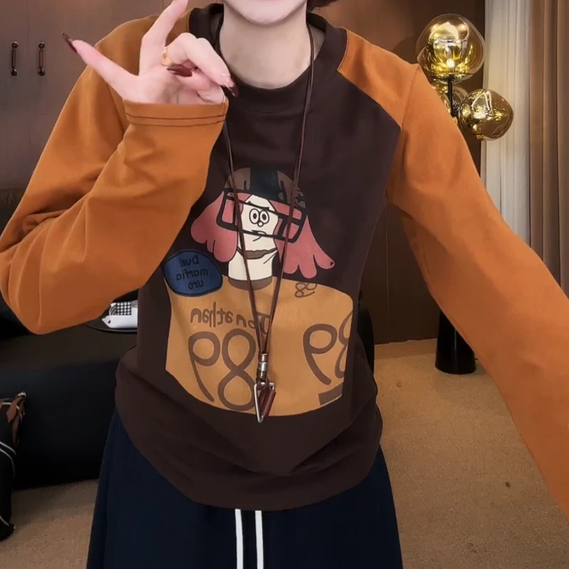 【复古冲撞】秋冬插肩撞色长袖T恤女时尚宽松上衣LK2507029