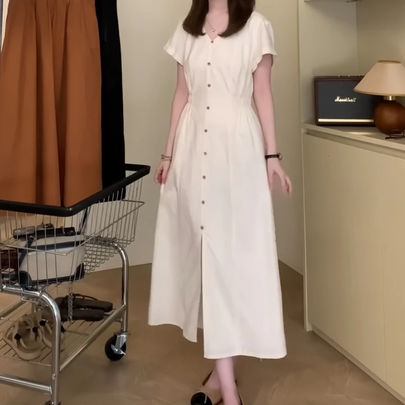 时尚风连衣裙秋季气质收腰显瘦中长款短袖开叉不规则法式风小白裙