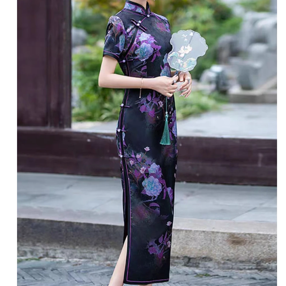 QYJ-国风蓝紫色提花侧八扣旗袍(微瑕）