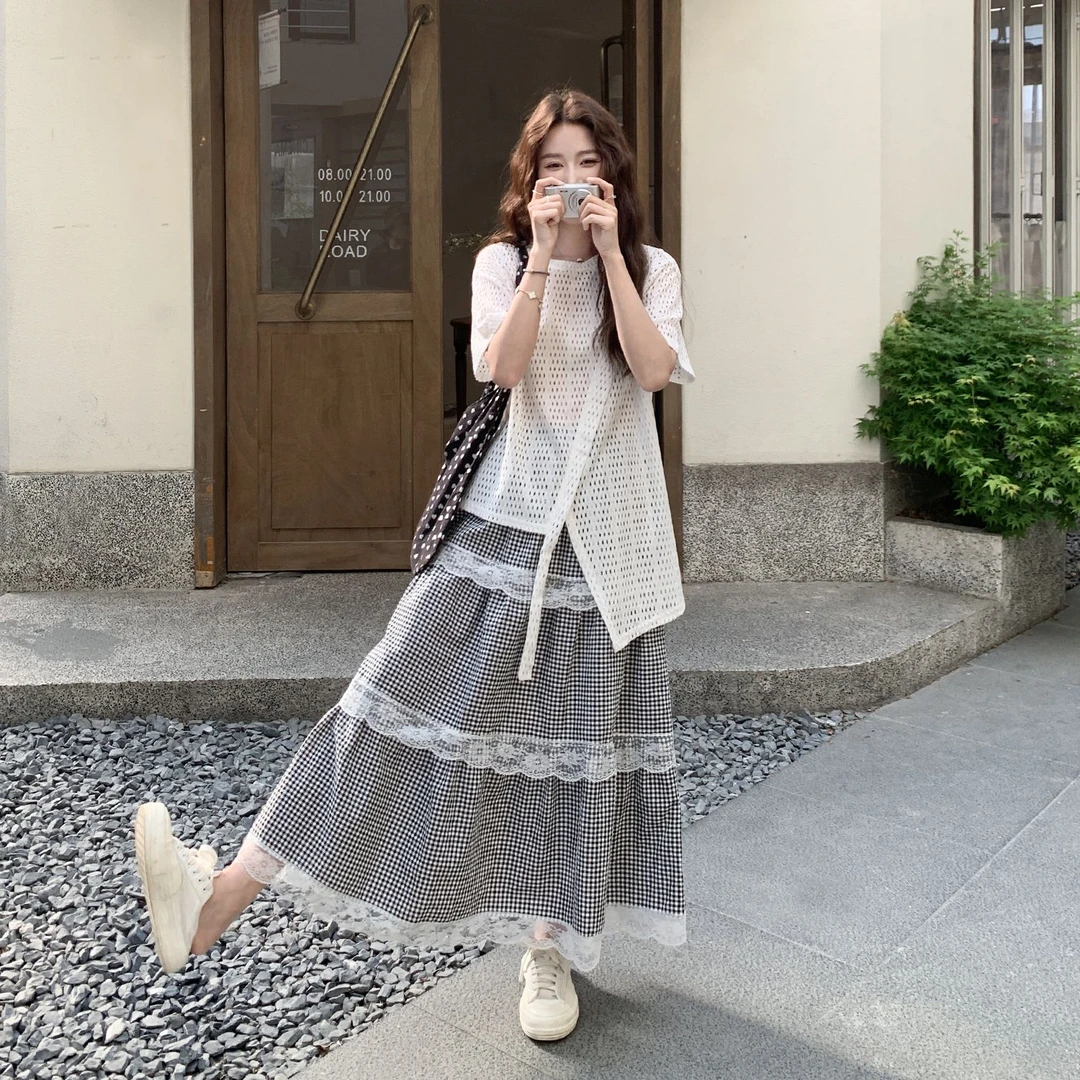 日系复古文艺套装裙女夏2025穿搭设计感镂空蕾丝上衣半身裙两件套