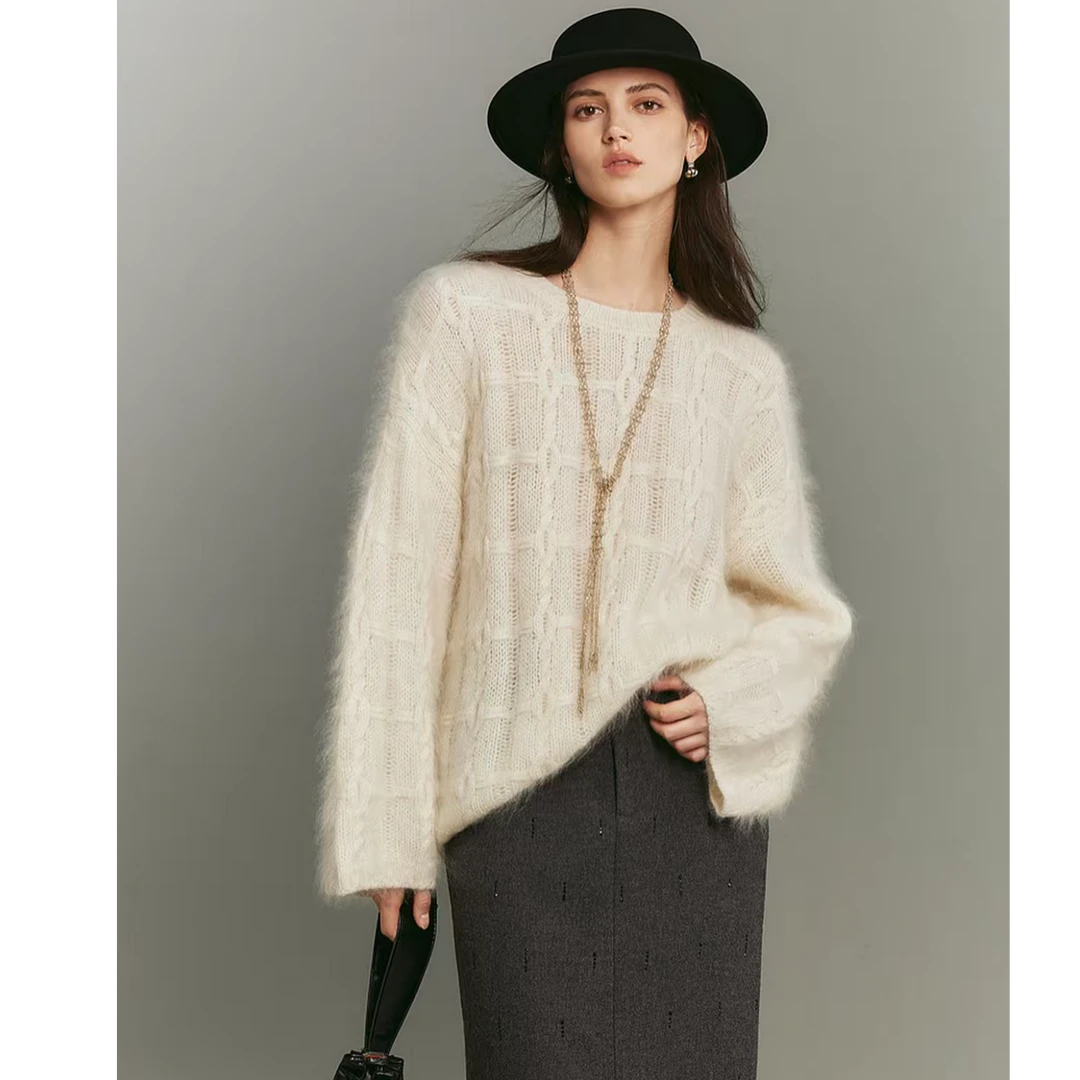 桑蚕丝羊绒 女士重磅绞花拉绒套头