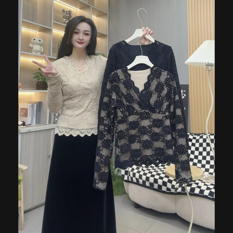 队队定制~【寻影朦胧】2701加绒V领蕾丝衫性感洋气时髦蕾丝打底衫