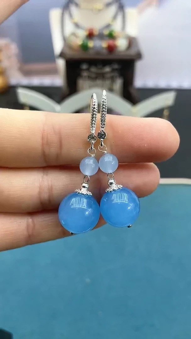 【闪购商品】海蓝宝石耳坠银S925镶嵌14mm海蓝耳钩H2