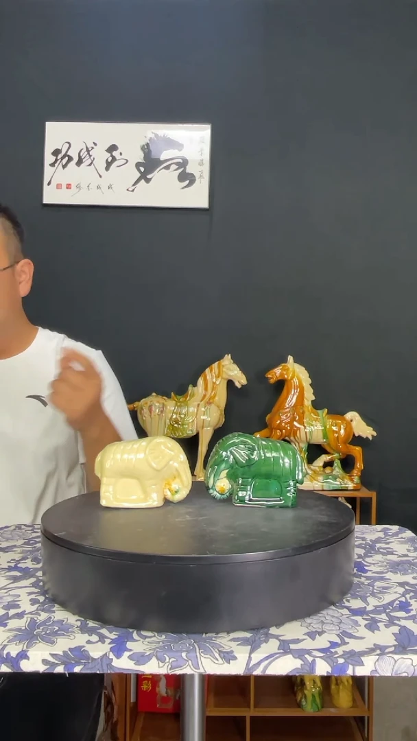 陶瓷卷鼻吉象高9cm绿色+白色（1对）