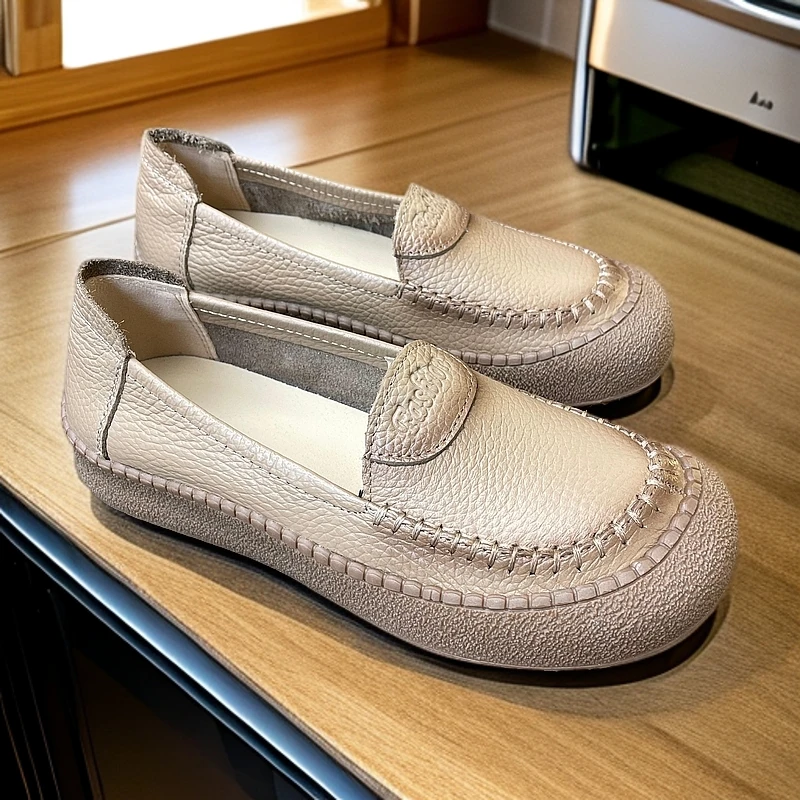 新款牛皮浅口女单鞋圆头防滑中老年奶奶懒人鞋复古软底皮鞋豆豆鞋