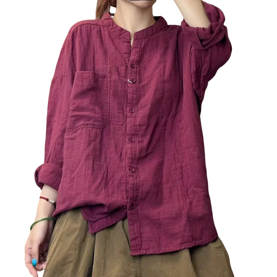 8985秋季新款复古小立领棉衬衫长袖