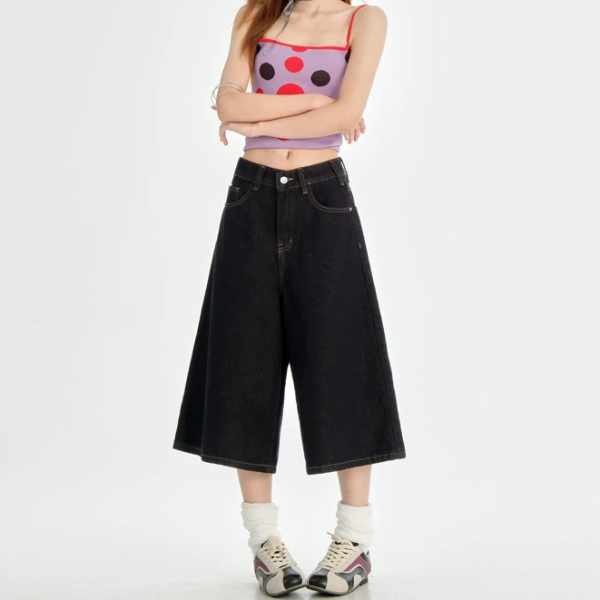 高腰七分阔腿牛仔裤女春夏2025新爆款深蓝色显瘦宽松小个子直筒裤