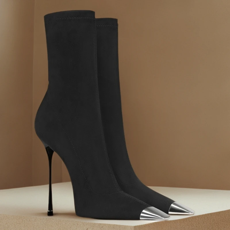 爆款加绒黑色尖头高跟弹力瘦瘦靴秋冬气质新款法式绒面细跟高跟鞋