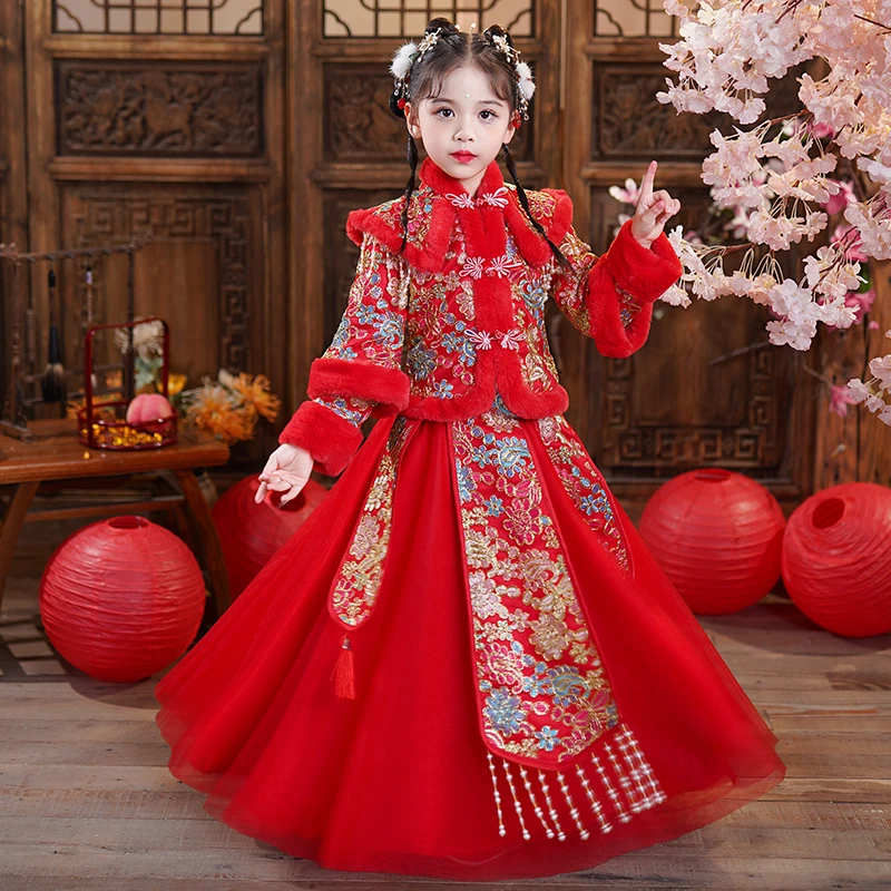 （好运年年）拜年服女童汉服中国风冬款唐装加绒女宝宝冬季过年服