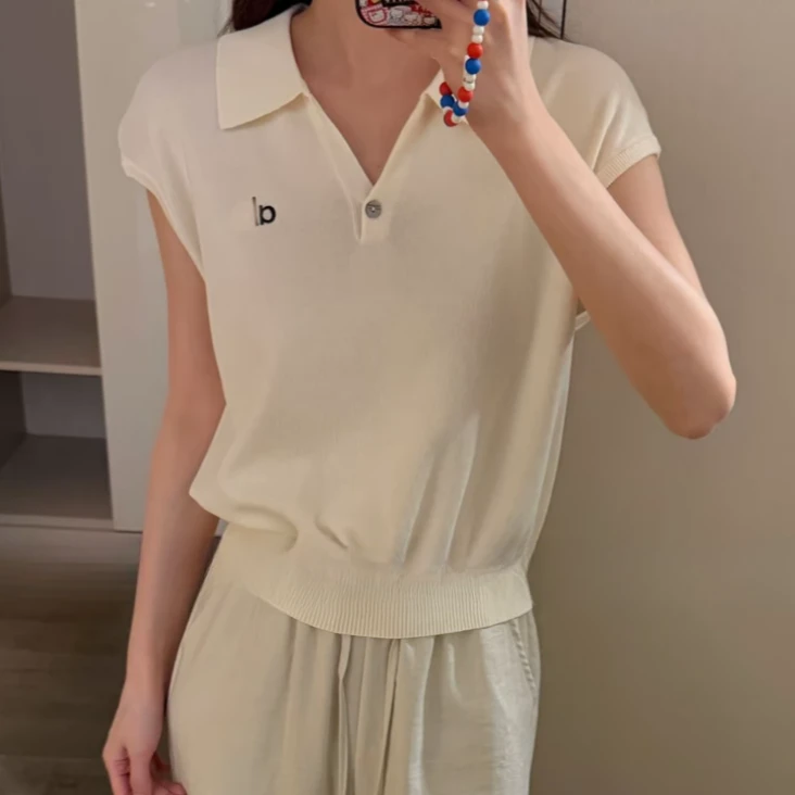 宽松夏季poloV领毛针织衫百搭短袖套头款