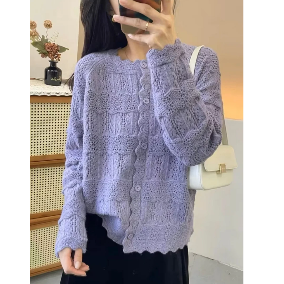 春天5店2【紫色蕾丝】秋季针织开衫纯色