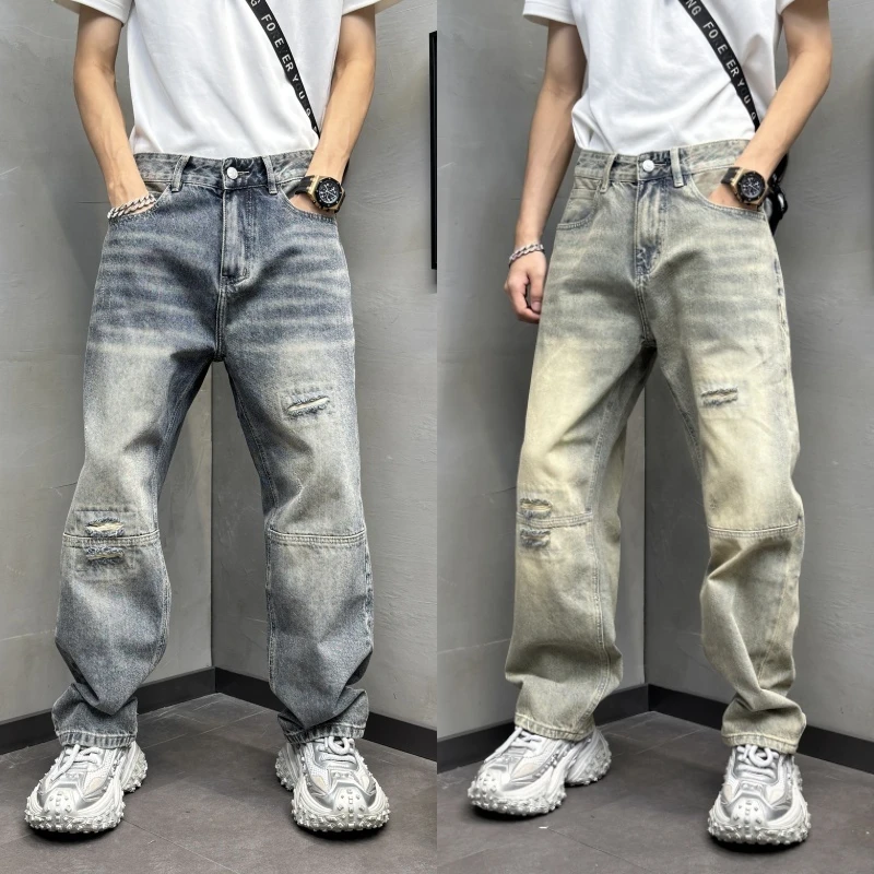 破洞拼接补丁直筒牛仔宽松潮流小众休闲长裤秋冬新怀旧补丁直筒
