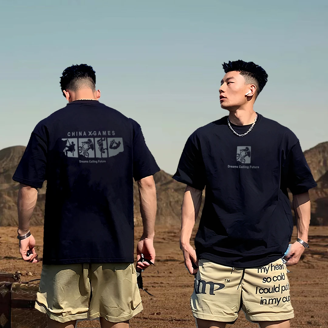 【精选纯棉】圆领t恤男士爆款2025夏休闲新款印花短袖透气半袖美式