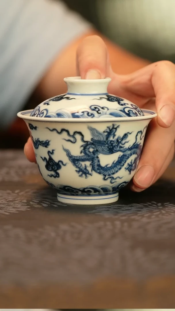 昂木青花双龙纹盖碗