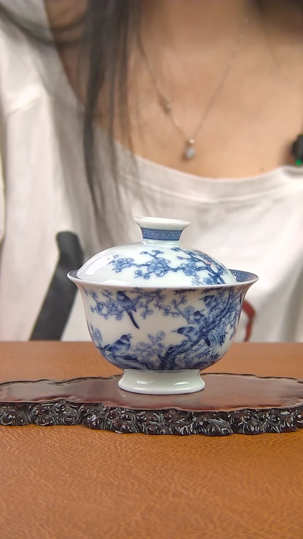 景德镇手工青花喜上眉梢盖碗