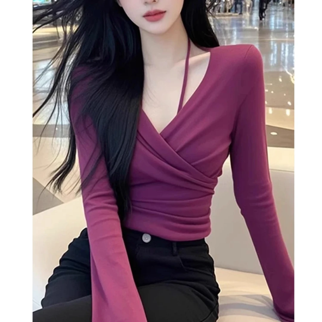 设计感显瘦气质长袖短款辣妹百搭性感不规则小众纯欲修身v领挂脖