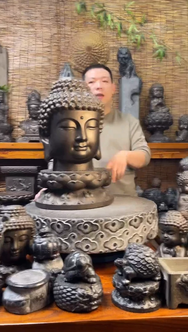 石材40佛头+双层莲花台天然青石雕刻