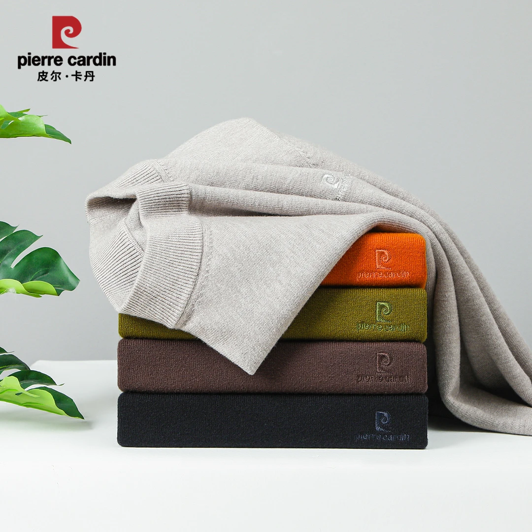 皮尔卡丹加厚毛衣男装冬季半高领商务休闲纯色一体绒保暖针织衫男