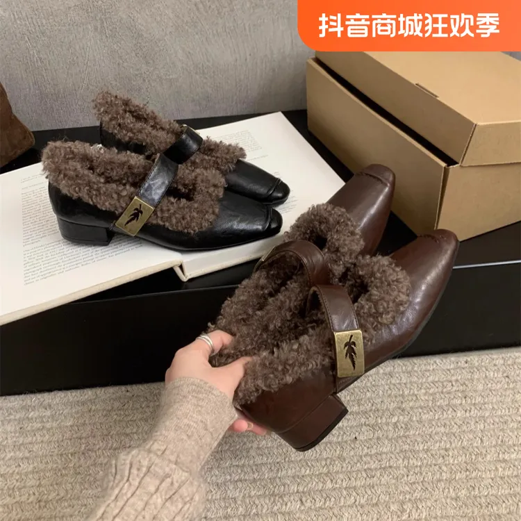 粗跟鞋女英伦加绒保暖棉鞋冬季新款毛毛鞋女外穿中跟学院玛丽珍鞋
