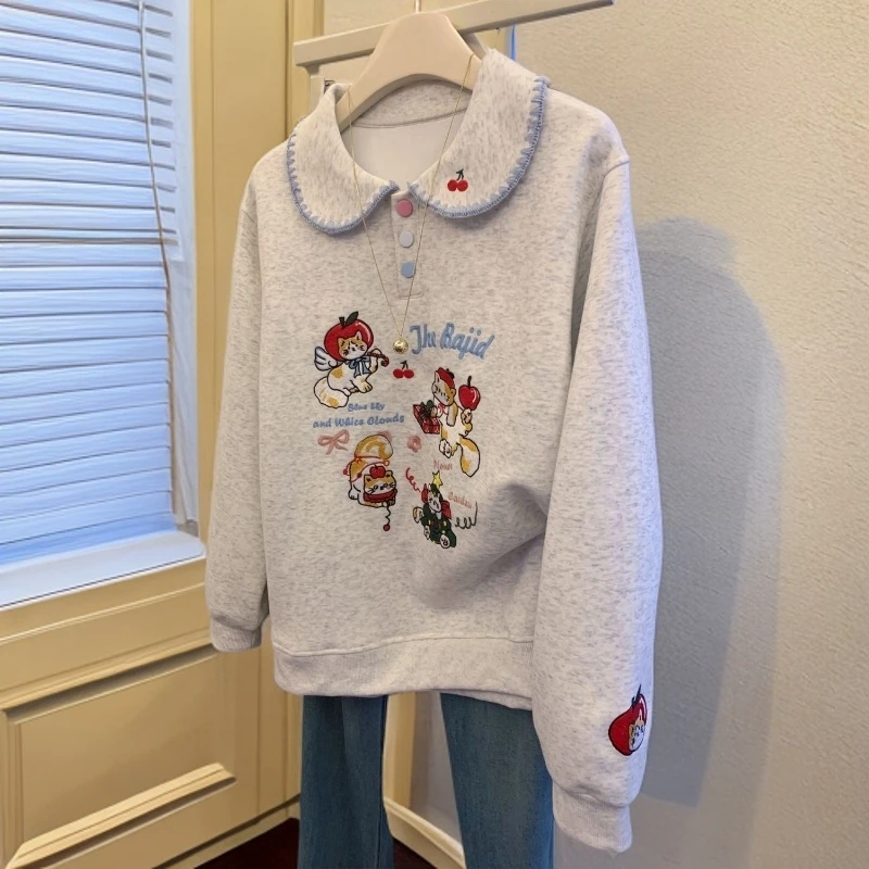 大码胖MM刺绣百搭甜美减龄卫衣秋季新款宽松卡通洋气宽松长袖上衣