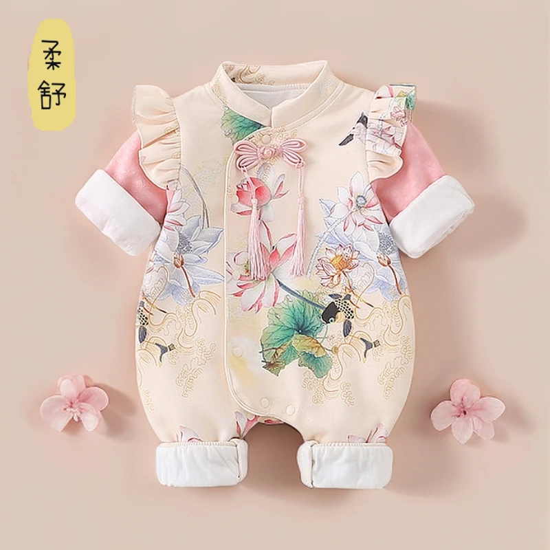 婴儿春秋连体衣女宝宝双层满月幼儿百天春季爬服中国风旗袍哈衣