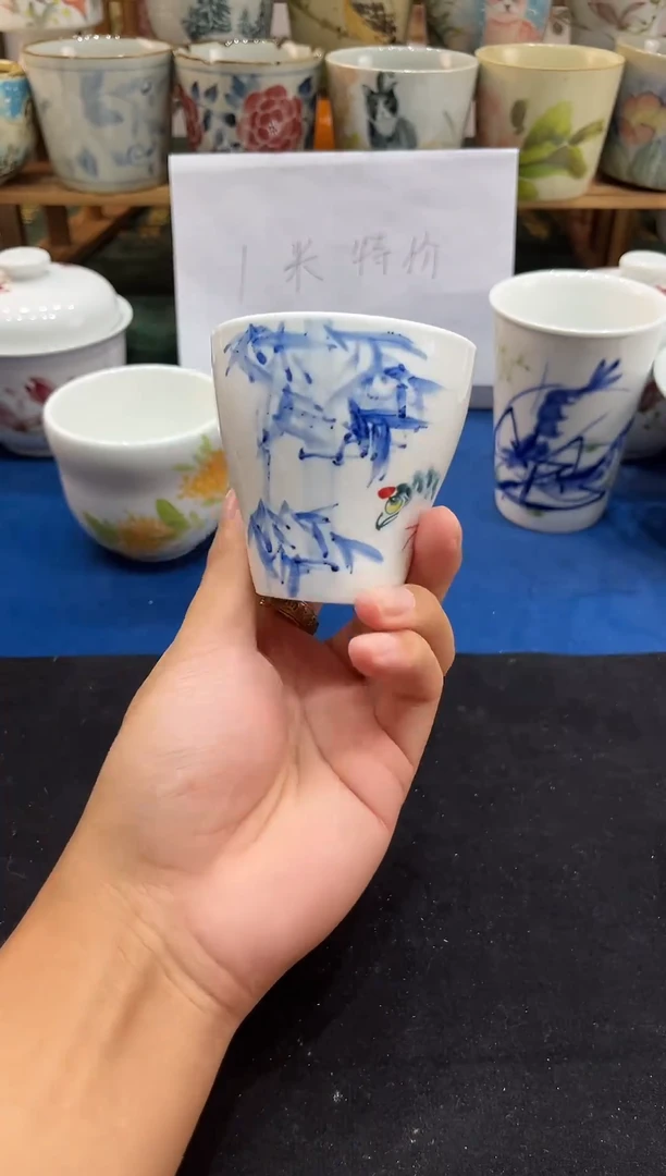 瓷片景德镇高温釉下手工手绘高白泥陶瓷竹鸡水杯