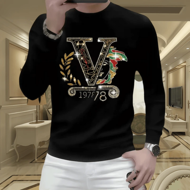 男士长袖卫衣潮流修身上衣圆领秋冬时尚休闲套头烫钻帅气打底衫男