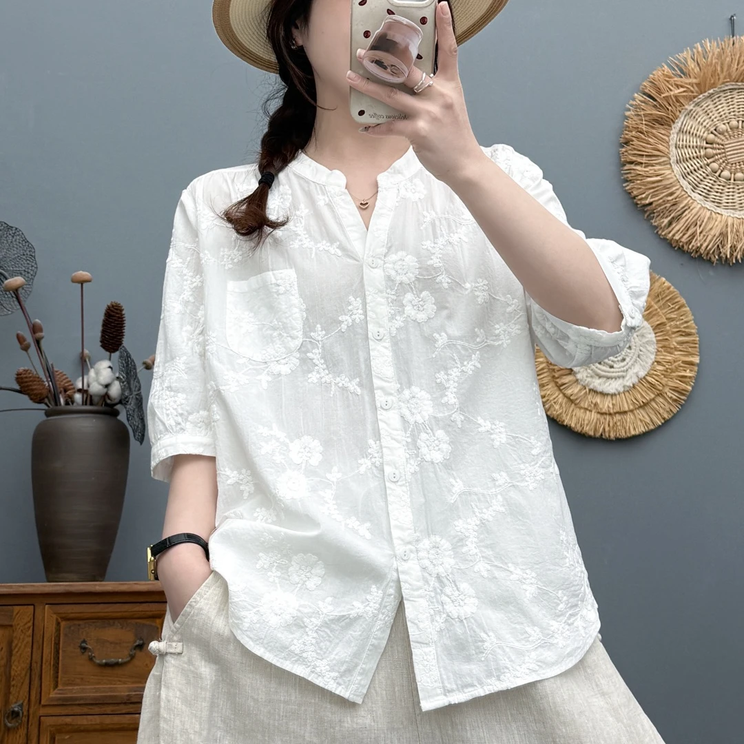 25夏季女士衬衫薄款V领短袖纯色衬衣中国风衣服宽松休闲文艺
