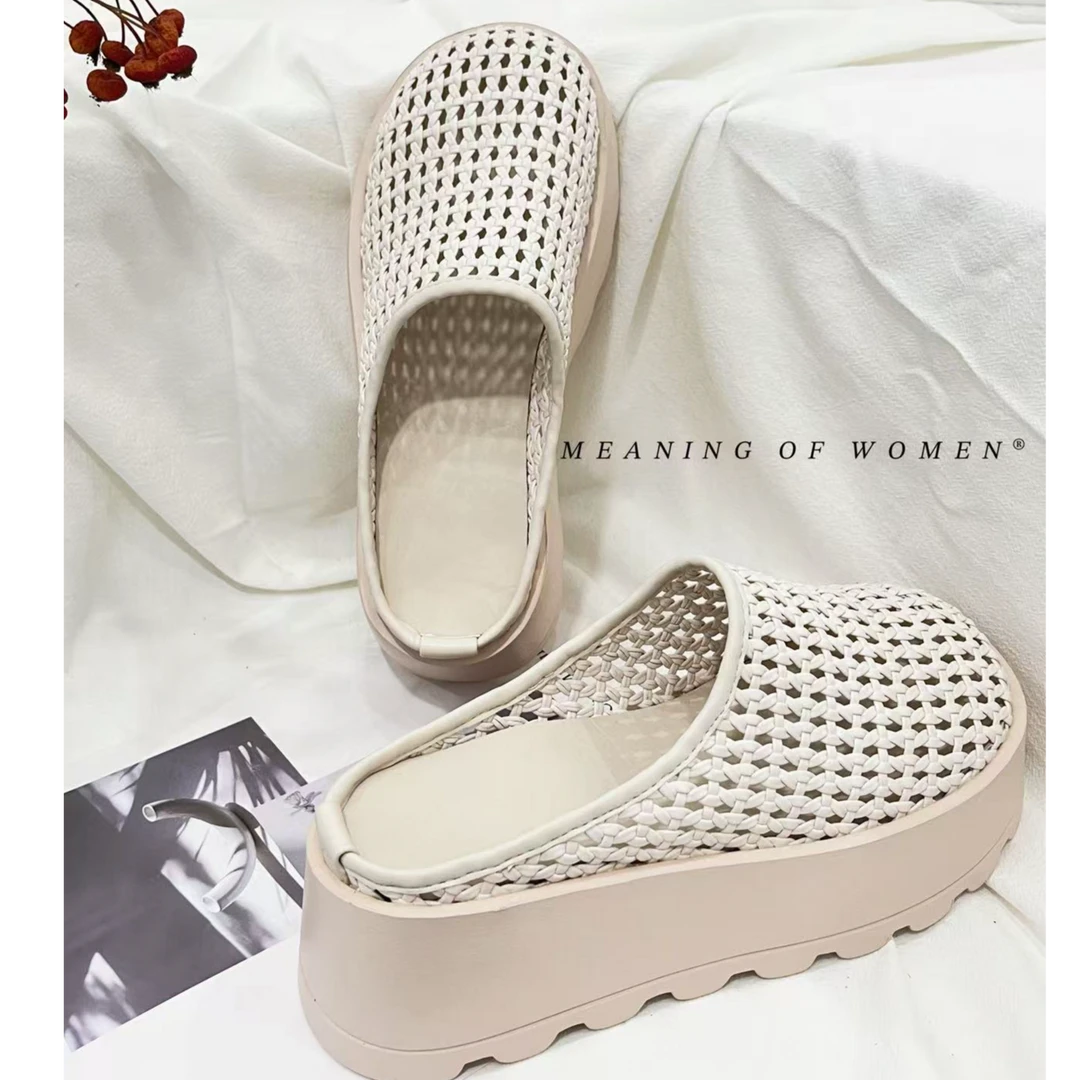 编织镂空包头坡跟增高半拖鞋外穿休闲凉拖