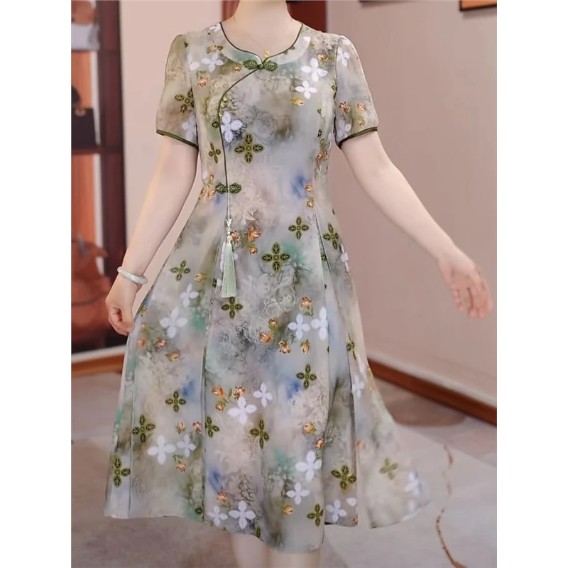 高档云锦丝面料国风旗袍裙女夏季2025新款时尚洋气显瘦短袖礼服裙