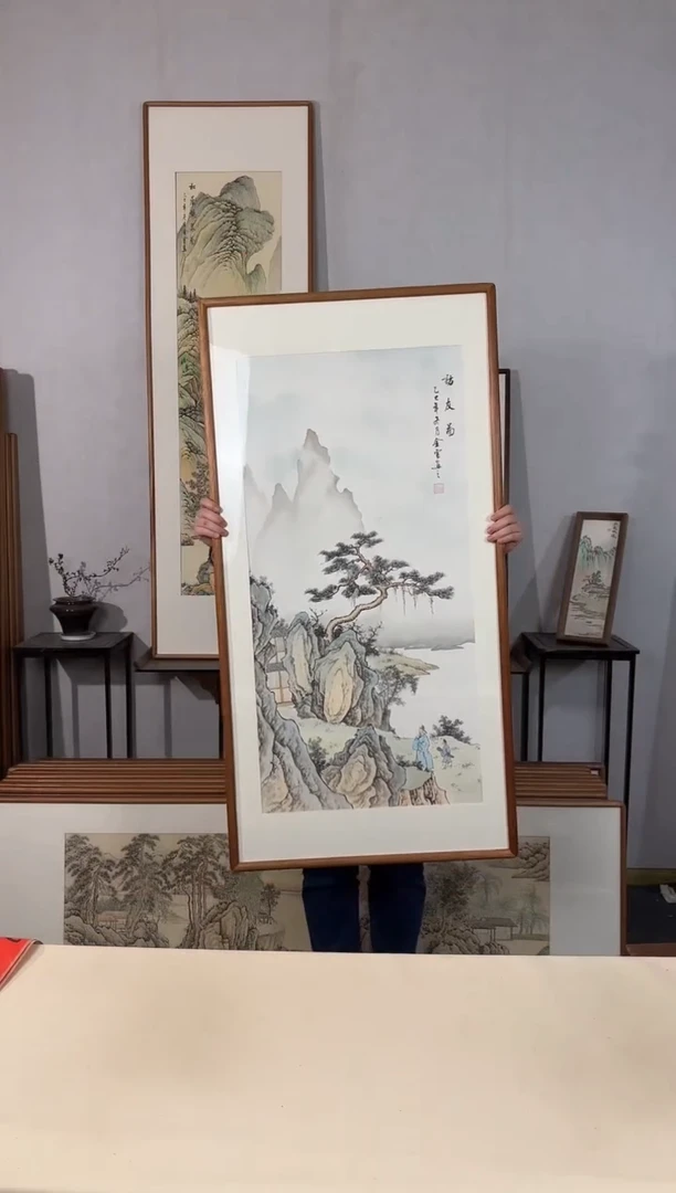 国画手绘*访友图*62*122cm*原木色框
