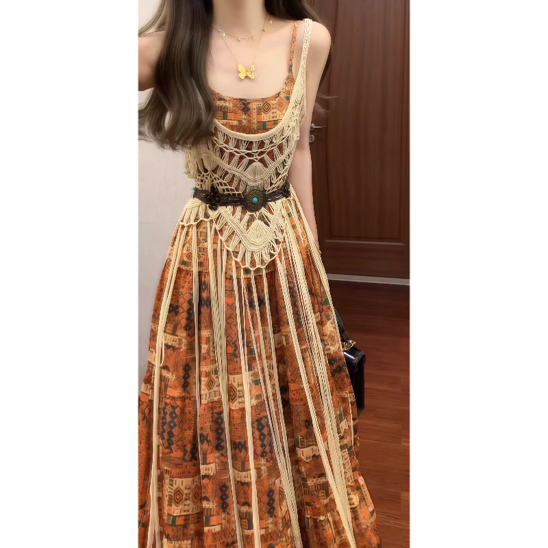 民族风复古镂空针织罩衫波西米亚印花吊带连衣裙度假长裙套装9559