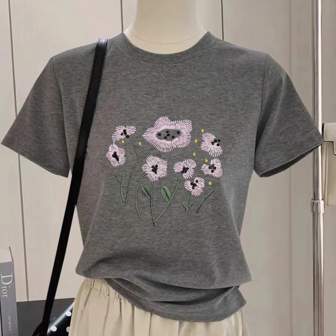 【粉色小花】2025春夏新款韩版风慵懒刺绣正肩五一旅游洋气衣服女