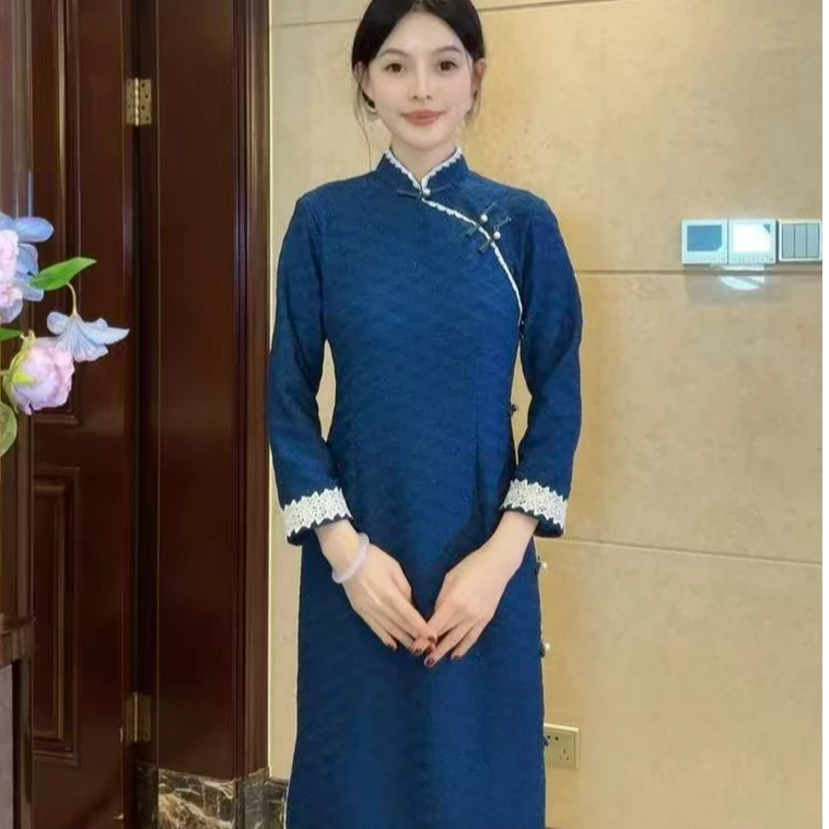 球球夫人丨波澜）125cm冬季加绒深蓝色全开襟长袖修身显瘦旗袍