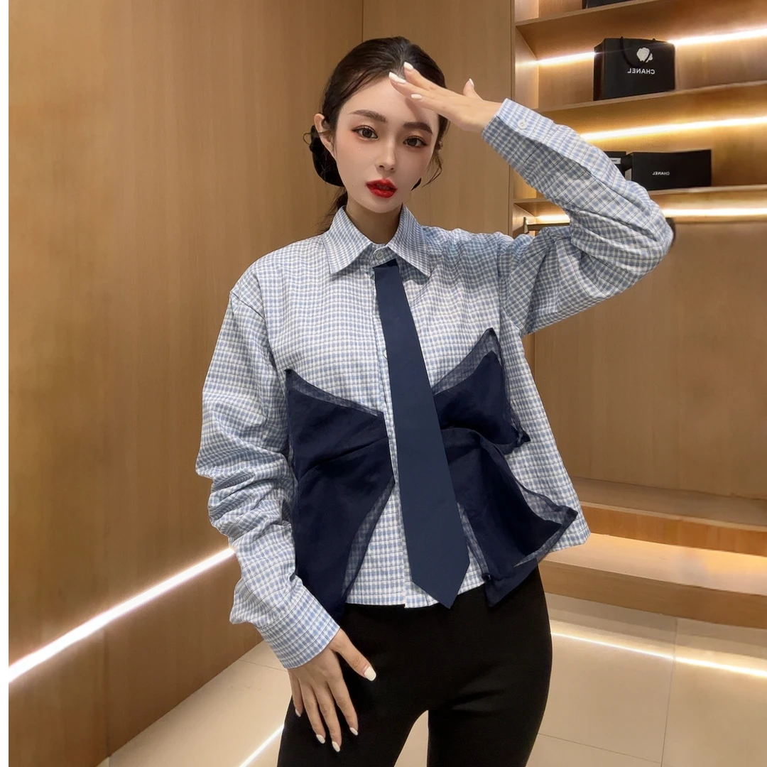 欧货设计感假两件蝴蝶结领带显白格子衬衫衬衣28828