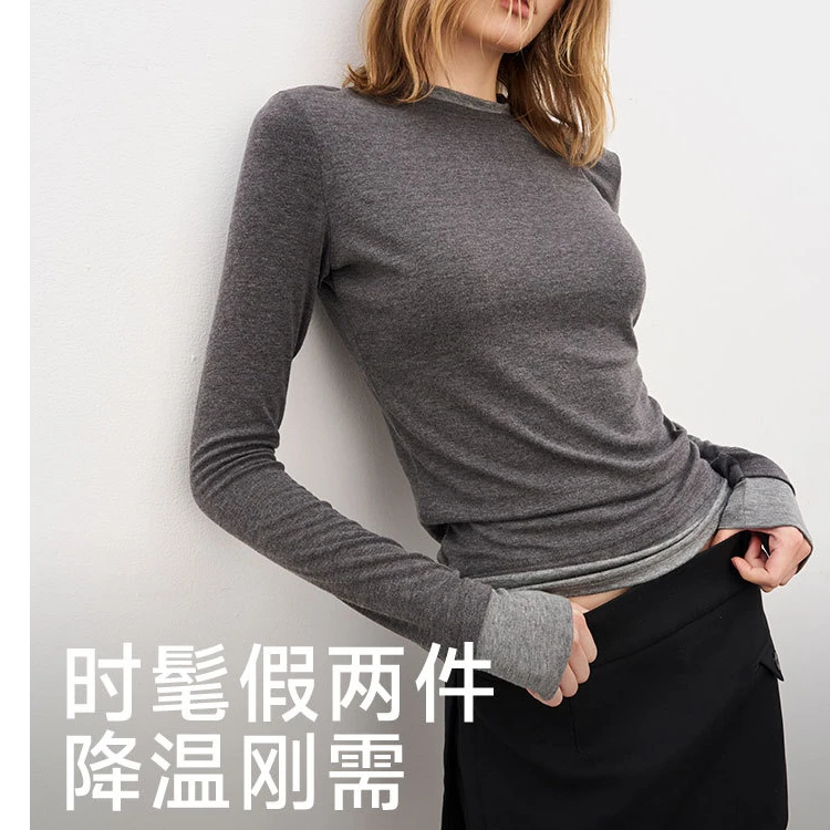 秋冬爆款绵羊毛撞色假两件慵懒风打底衫正肩显瘦潮流百搭打底衫女