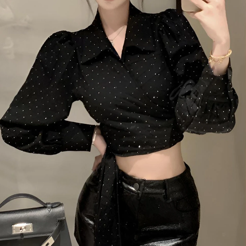复古港风波点衬衫女 春季黑色烫钻长袖系带衬衣高级感短款上