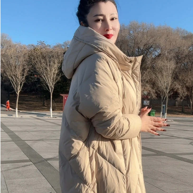 933羽绒服-中长泡芙帽白鸭绒羽绒服韩版拉链时尚长款百搭纯色宽松