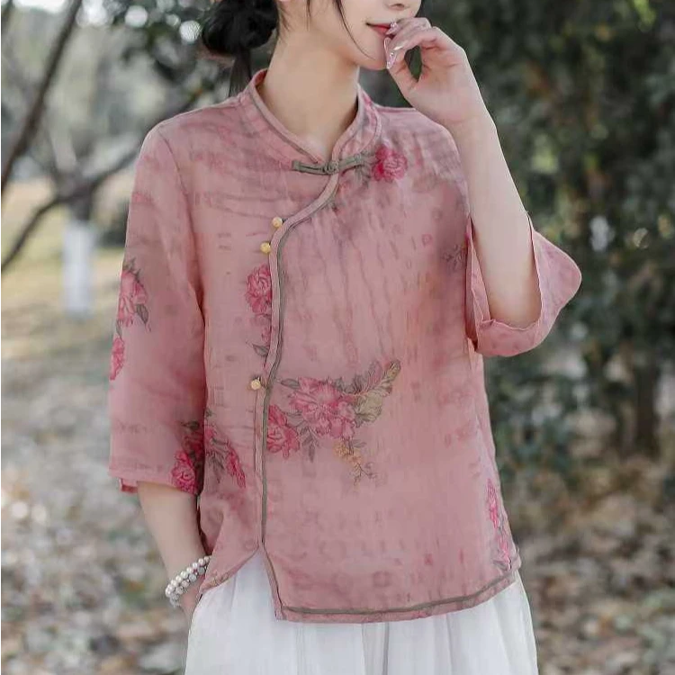 2025春夏季新款100%苎麻小衫印花新中式盘扣复古气质高端衬衫女