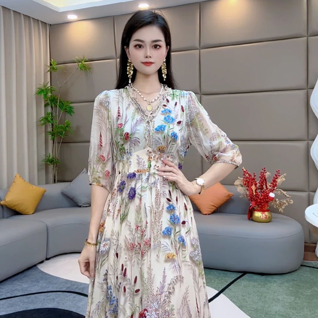 “世外桃源” 真丝连衣裙碎花显瘦气质时尚 90494