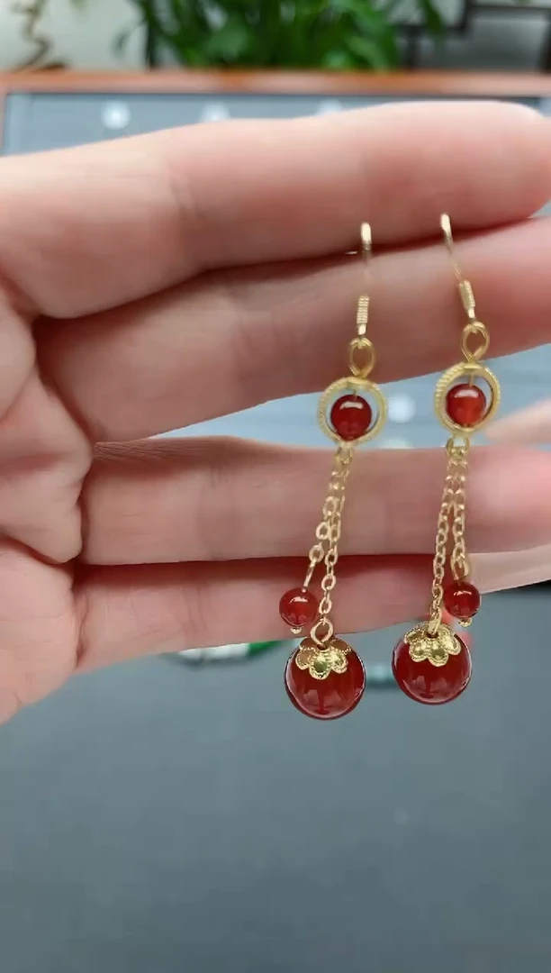 【闪购商品】南红玛瑙耳饰银S925镀金镶嵌2