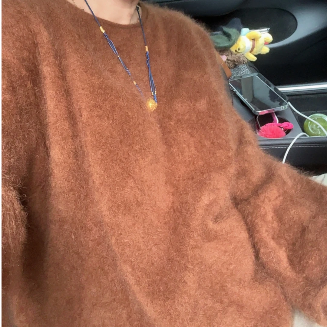 【松弛卷边】100%山羊绒拉绒圆领女慵懒显瘦宽松洋气百搭针织