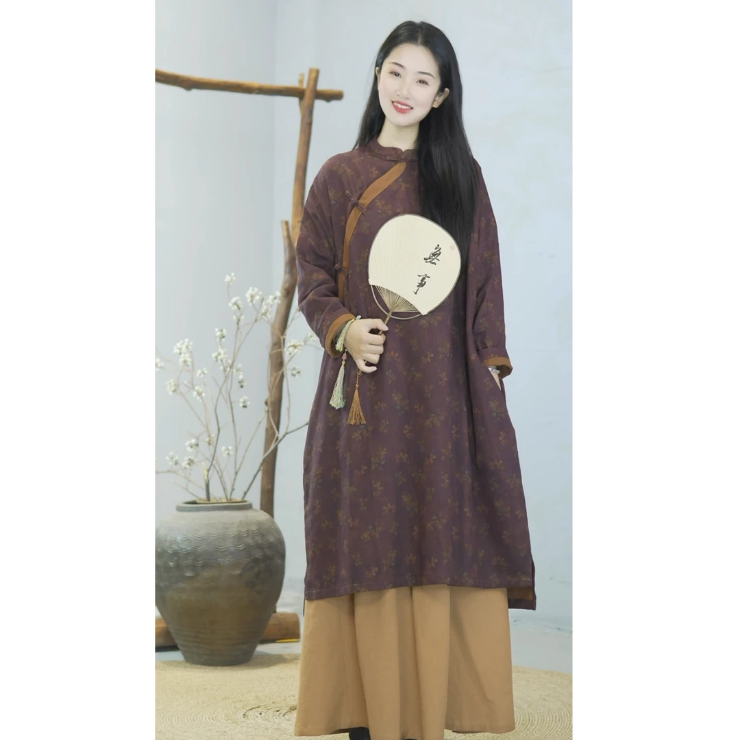 【墨香】拼色印花复古中长旗袍