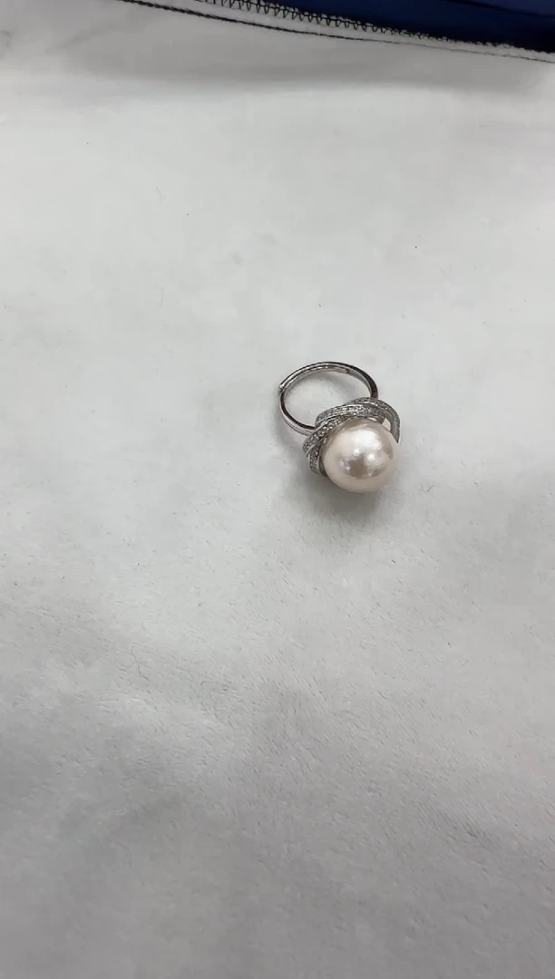 银S925镶嵌戒指淡水珍珠唐*春14-15天然珍珠戒指
