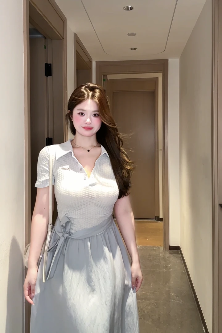 胖MM 蓝色掐腰连衣裙气质POLO领设计感独特短袖假两件收腰裙子