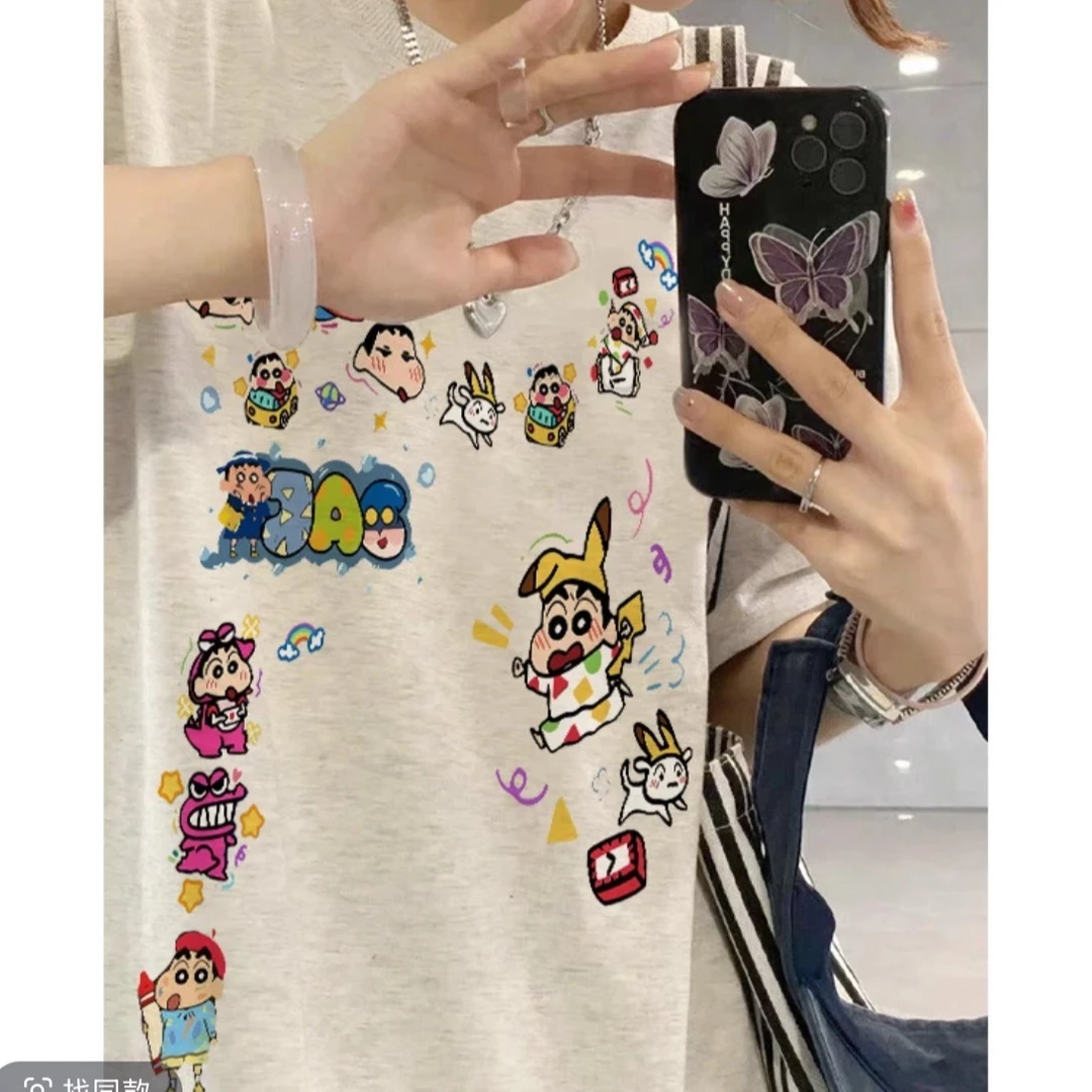 美式纯棉重磅圆领短袖T恤女2026夏季新款蜡笔小新宽松情侣上衣潮