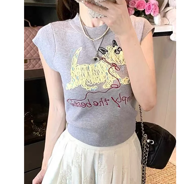 卡通刺绣针织背心女2025夏季新款设计感修身显瘦套头无袖短款上衣